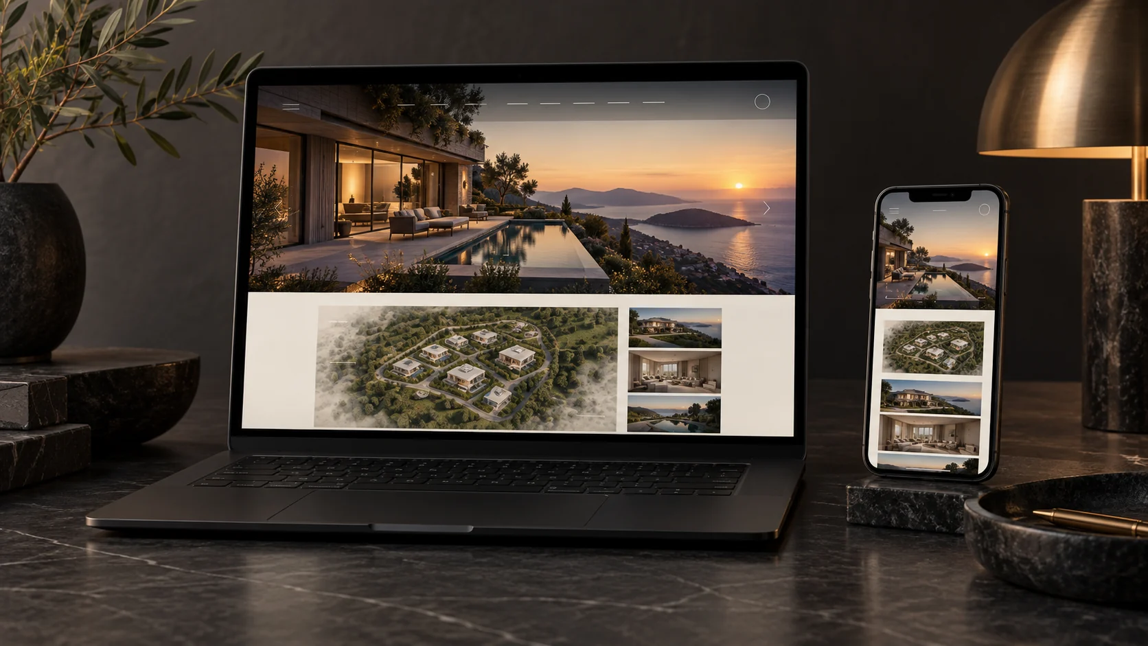 A development website shown on laptop and phone