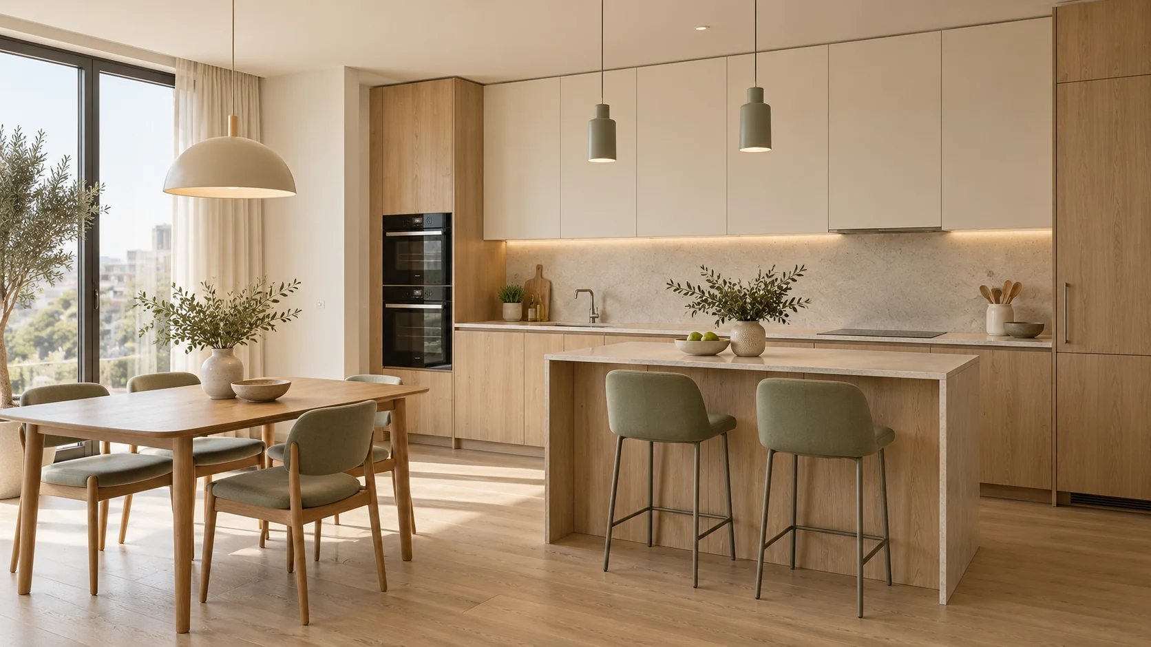 Interior render of an apartment kitchen and dining area