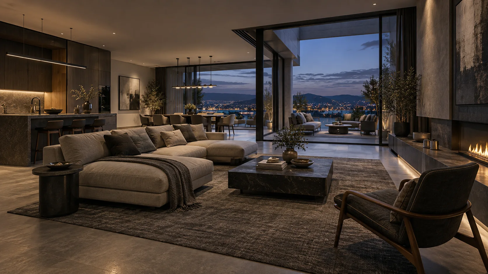 Interior render of a living room opening to a terrace in the evening