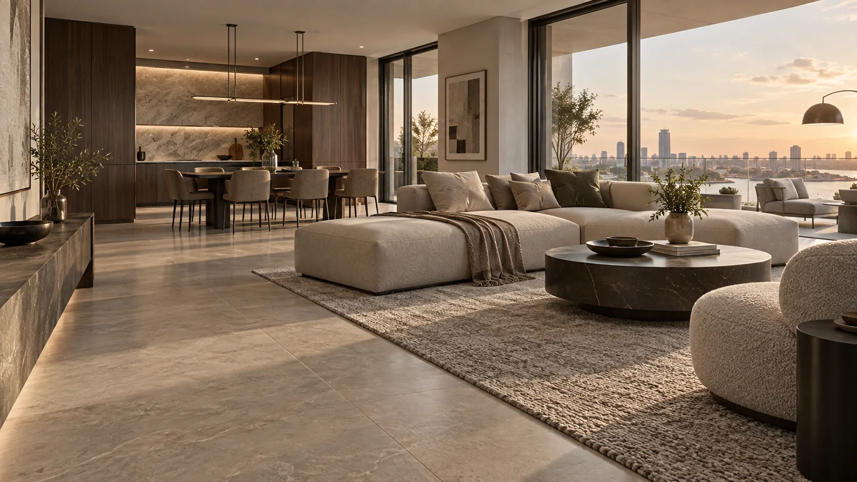 Interior render of a living room with a city view at sunset