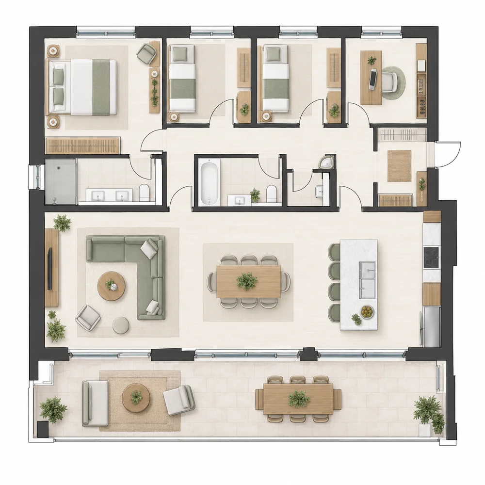 Furnished floor plan of a three-bedroom apartment