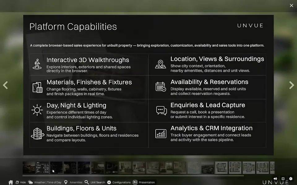 Built-in presentation slide listing the platform capabilities