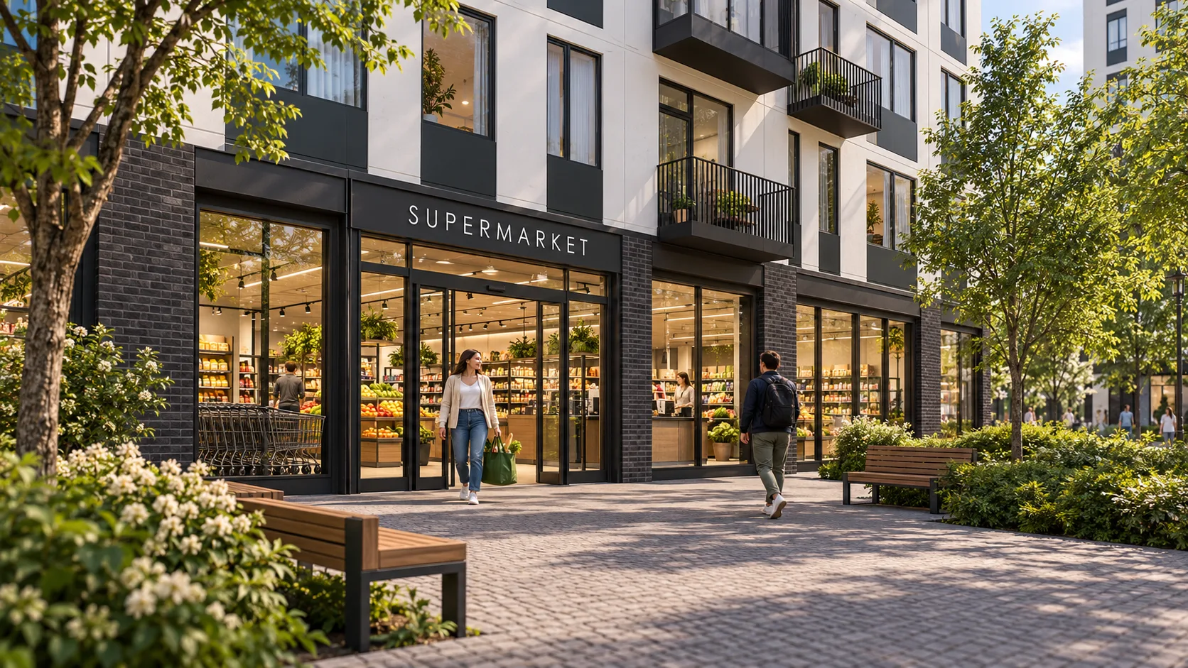 Ground-floor retail street with residents walking